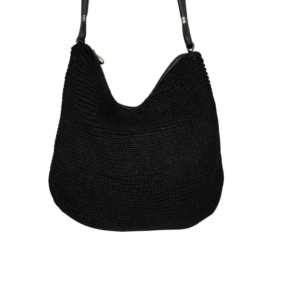 Vintage Paola del Lungo Woven Satchel Shoulder Bag Black Crochet Italy